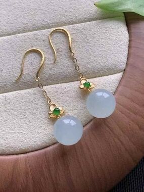 18k Gold Drop Earrings with Icy Jadeite Spheres and Green Accent